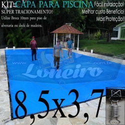 Capa para Piscina Super 8,5 x 3,7m PP/PE Cor Azul / Preto 61 molas 61 lonafix 3 bóias +1b extra